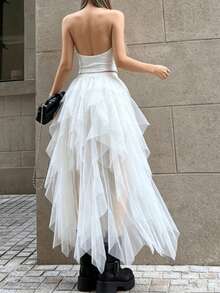 Asymmetrical Flowy White Ethereal Skirt For Women, 2026 Spring/Summer New Arrival, Premium Vacation Style Elegant Long Skirt - White - View 3