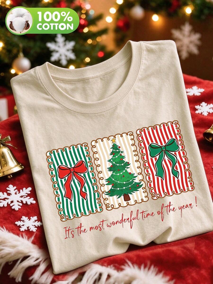 T-shirt graphique sapin de NoĂ«l pour femmes, col rond, manches courtes, imprimĂ© nĆud et lettres, top vintage pour fĂȘte de fin d'annĂ©e - Blanc cassĂ© - Voir 1