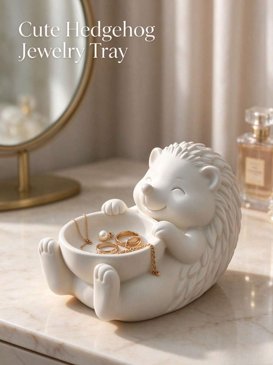 Hedgehog Shaped 3D Printed Jewelry Tray, Unique White Cute Small Accessory Storage Box, Mini Jewelry Organizer, Suitable For Vanity, Bedroom Desk, Home Desktop Decoration - White - View 1