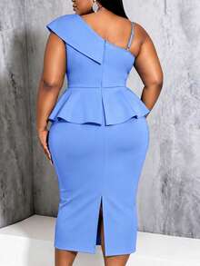 Plus Size Women's Elegant Light Blue One Shoulder Ruffle Waist Midi Dress, Layered Ruffle Slim Fit Party Evening Wedding Guest Dress, Summer Style - Baby Blue - View 4