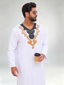 1pc V-Neck Printed Men's Traditional Arabic Robe, Saudi Arabian Traditional Clothing, Saudi Men's Robe, Men's Robe, Saudi Men's Pajamas, Men's Clothing, Dishdasha, Moroccan Men's Robe, African Traditional Clothing, Men's Halloween Costume, Suitable For Ramadan, Eid And Daily Wear - White - View 2