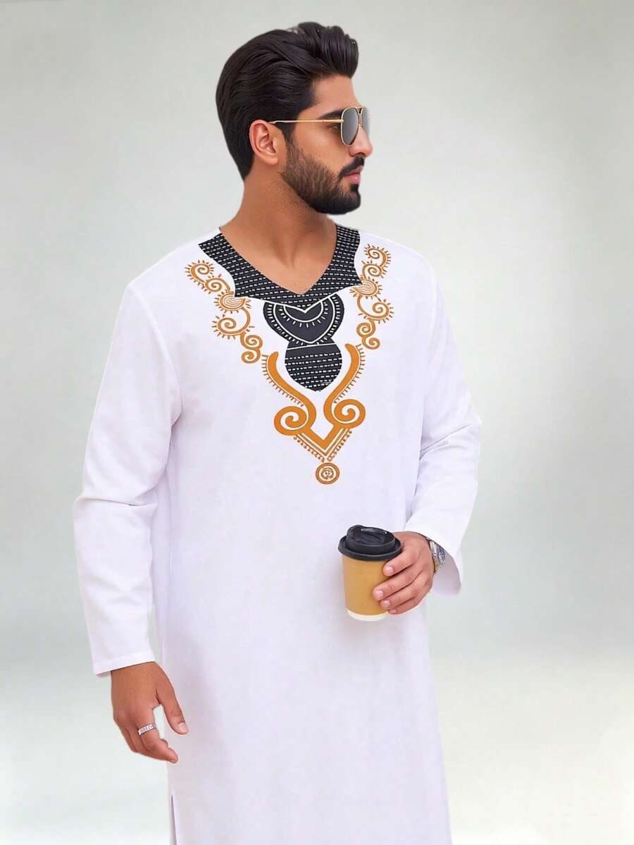 1pc V-Neck Printed Men's Traditional Arabic Robe, Saudi Arabian Traditional Clothing, Saudi Men's Robe, Men's Robe, Saudi Men's Pajamas, Men's Clothing, Dishdasha, Moroccan Men's Robe, African Traditional Clothing, Men's Halloween Costume, Suitable For Ramadan, Eid And Daily Wear
