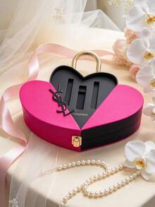 Yves Saint Laurent Heart-Shaped Pink & Black Cosmetic Storage Box With Gold Handle, Suitable For Organizing Makeup Accessories, Fashionable & Cute With A Touch Of Luxury - Pink - View 1