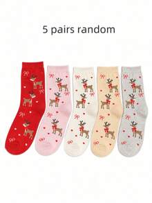 5雙女款聖誕鹿紋中筒襪，紅白色調，節日穿搭禮物必備，Ins時尚學院風，舒適柔軟，吸汗透氣，簡約百搭，適合日常、運動、休閒穿著，春夏秋冬四季搭配 - 彩色 - 查看 10