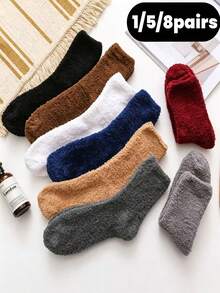 1/5/8 Pairs Randomly Sent Men's Winter Coral Fleece Socks, Thickened Warm Home Floor Socks, Mid-Calf Sleep Socks - Multicolor - View 2