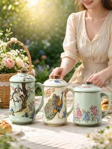 1pc Chinese Vintage Ceramic Tea Cup With Lid, Traditional Peacock And Plum Blossom Pattern Reusable Mug, Large Capacity Tea/Coffee Vessel, Oriental Aesthetic Tabletop Decor, Elegant Gift For Tea Lovers, Suitable For Home And Office Daily Use - Multicolor - View 3