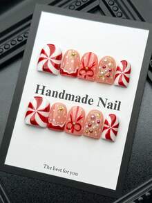 10pcs Handmade Christmas Press-On Nails,Short Square Nails,Red And White Design Featuring Details Such As Snowflakes, Bows, And Colorful Pearls,High-Quality Acrylic False Nail Set,Suitable For Girls To Wear At Christmas - Multicolor - View 2