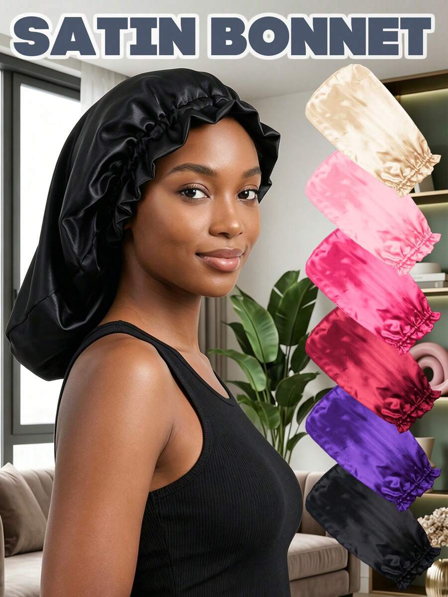 SATIN BONNET For Women, Ruffle Lace Edge Silky Sleep Cap With Wide Elastic Band, Large Room Night Hair Bonnet For Curly Natural Hair (6 Colors) - A - View 1