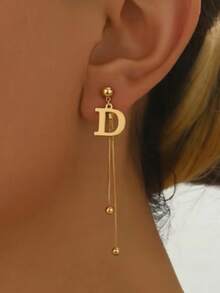 1 Pair Women's Letter "D" Shaped Tassel Drop Earrings, Simple And Unique Style, Suitable For Spring/Summer/Autumn/Winter Outfits, Daily Wear, Party, Middle Eastern Style, Wedding Season Accessories, Holiday Gift For Best Friend Or Girlfriend - Gold - View 2
