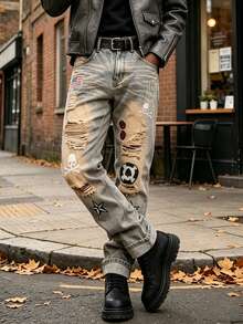 Men's Halloween Jeans Set | Vintage Distressed Ripped Jeans, Eerie Street Style - Camel - View 4