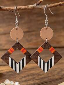 1 Pair Colorblock Striped Wooden Earrings For Women, Vintage Round Disc Patchwork Hollow Geometric Square Earrings - Multicolor - View 6