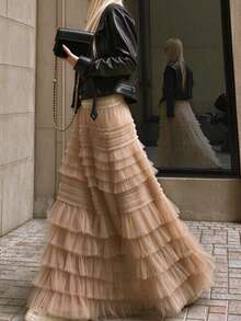 Fashionable Multi-Layer Mesh Cake Skirt, Women's 2026 Summer New High Waist A-Line Skirt - Light Khaki - View 5