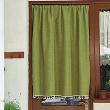 Sage Green Faux Linen Tier Curtain, Rod Pocket Boho Short Window Curtain With White Tassel Fringe, Farmhouse Privacy Cafe Curtain For Kitchen Door Cabinet - A - View 7
