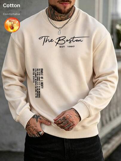 Sweatshirt solta de gola redonda para homem em algodão com forro polar, estampa The Boston EST 1997 CRADLE OF LIBERTY, casual streetwear para outono/inverno