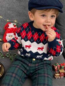 Sweater Rajut Lengan Panjang Leher Bulat Motif Rusa Argyle Blok Warna Lucu untuk Anak Laki-laki, Cocok untuk Natal, Pakaian Kasual Sehari-hari, Musim Semi, Musim Gugur, Musim Dingin - Navy Blue - View 3