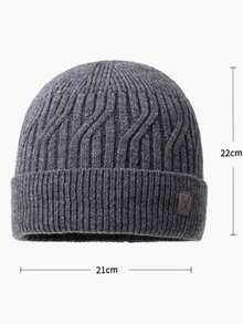 1pc Men's Winter Cable Knit Beanie Hat, Rolled Edge Woolen Cap, Outdoor Warm Elastic Cold Weather Hat, Solid Color Casual Acrylic - A - View 3
