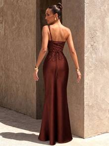 UNITHORSE Women's Elegant V-Neck Cinched Waist Back Satin Formal Evening Dress - Coffee Brown - View 5