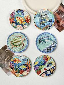 1pc Ocean Landscape Animal Fish Turtle Dolphin Seal Pattern Mosaic Art Style Gold Foil Embossed Ceramic Refrigerator Magnet, Suitable For Home Decor, Refrigerator, Daily Use And Holiday Birthday Gift, Mediterranean Cultural Creative - Round Ocean Landscape Design - View 2