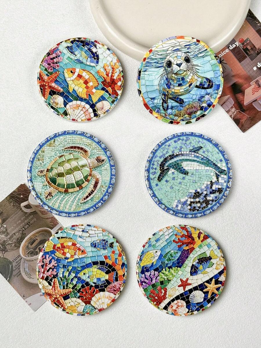 1pc Ocean Landscape Animal Fish Turtle Dolphin Seal Pattern Mosaic Art Style Gold Foil Embossed Ceramic Refrigerator Magnet, Suitable For Home Decor, Refrigerator, Daily Use And Holiday Birthday Gift, Mediterranean Cultural Creative