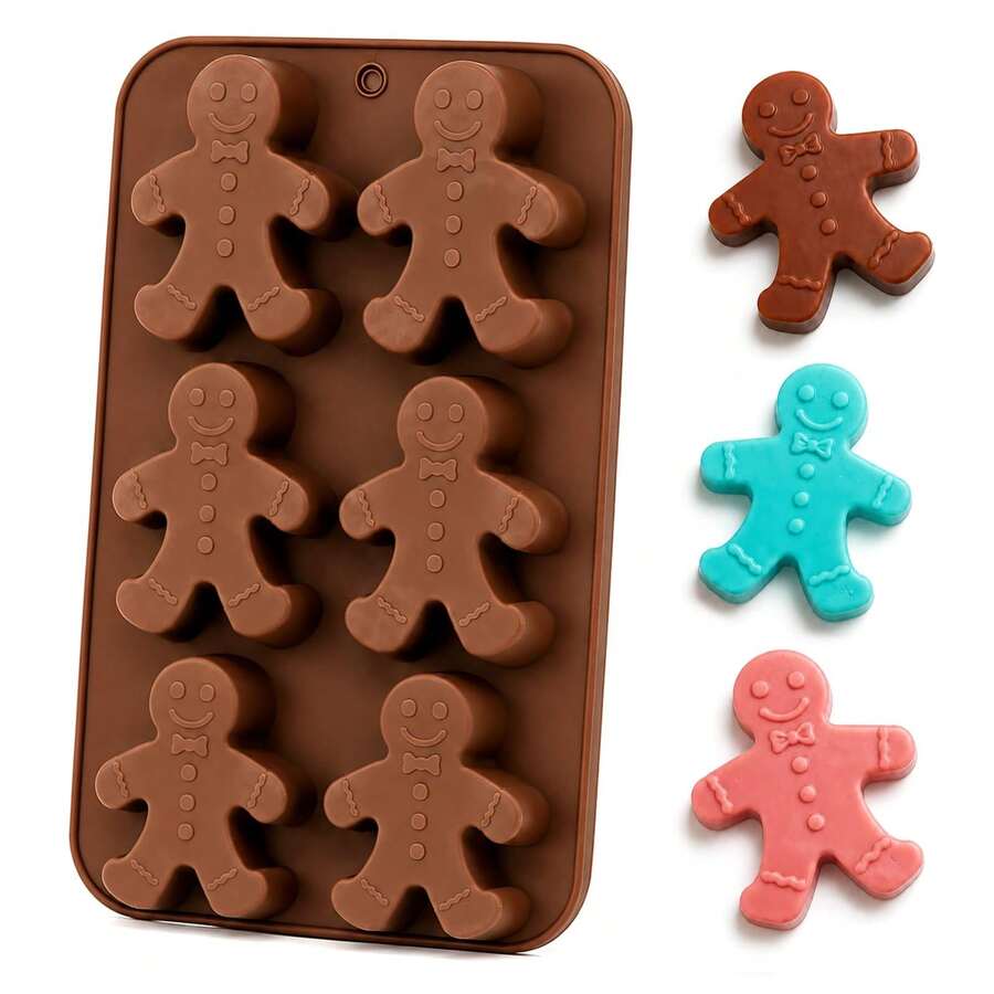 Gingerbread Man Silicone Baking Mold, 6-Cavity Ice Cube Mold, Large 3D Thick Candy Cake Mold, Suitable For Chocolate, Handmade Soap, Christmas Candle Making, Soft Non-Stick Easy Release, Brown - Multicolor - View 1