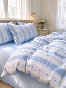 Striped Bow Duvet Cover 3 Pieces Set, French Romantic Style, Polyester, Suitable For All Seasons, Includes 1 Duvet Cover And 2 Pillowcases, Duvet Insert And Pillow Inserts Not Included, Pillowcase Pattern Randomly Cut - Blue - View 3