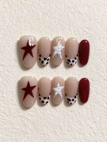 10pcs Handmade Press-On Nails, Autumn/Winter Almond Shape Fake Nails, Nude Base, Burgundy Star, Leopard Print French Tip, White Pearl Star, Glossy Finish, Reusable Nail Stickers, Suitable For Date, Party, Daily Wear - Multicolor - View 1