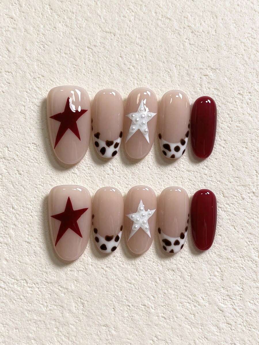 10pcs Handmade Press-On Nails, Autumn/Winter Almond Shape Fake Nails, Nude Base, Burgundy Star, Leopard Print French Tip, White Pearl Star, Glossy Finish, Reusable Nail Stickers, Suitable For Date, Party, Daily Wear - Multicolor - View 1