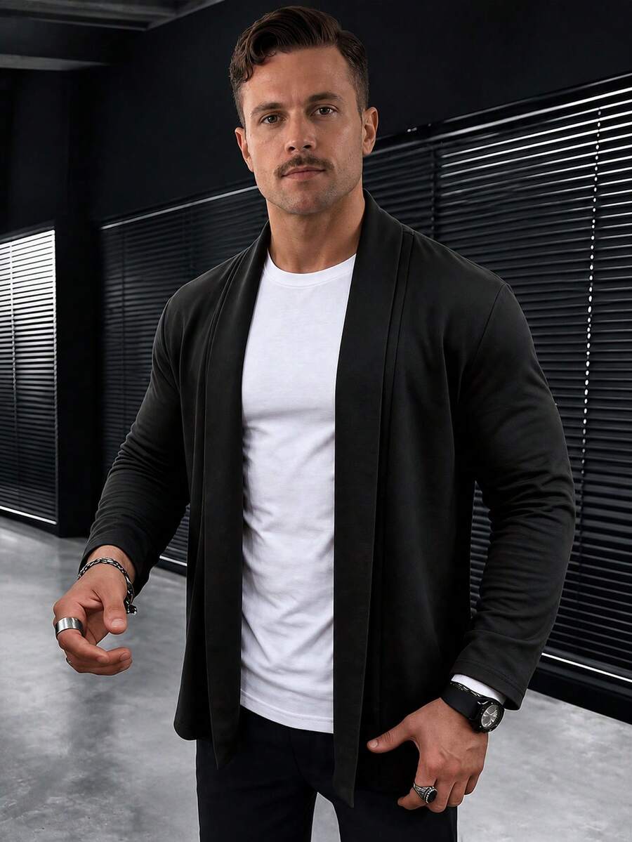 GloMan Old Money Men's Black Open Front Oversized Lapel Jacket, Warm For Autumn/Winter, Suitable For Commuting, Dating, Gathering, Party, Halloween/Christmas, Perfect For Husband/Father - Black - View 1