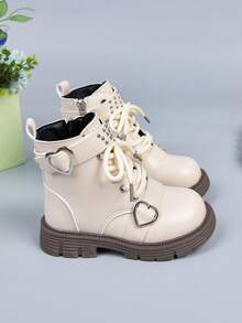 Sepatu Bot Anak Perempuan Gaya Lembut dengan Hiasan Cincin Hati dan Paku Keling, Warna Krem Putih, Sol Tebal Serbaguna, Bagian Bawah Karet Tahan Aus, Mudah Dipakai/Dilepas, Sepatu Bot Setinggi Mata Kaki untuk Musim Gugur/Dingin - Krem - View 7