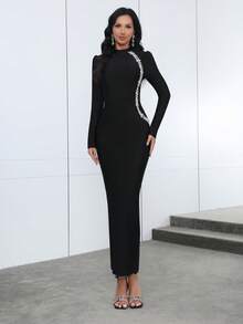Love Aing Women Fall Winter Black Long Dress, Long Sleeve Hand-Set Rhinestones, Modest Luxury Elegant Gown For Wedding Guest, Formal Dinner, Festival & Party - Black - View 2