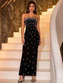 Solid Color Strapless Sparkling Rhinestone Embellished Fitted Women's Dress Black Party Wedding Fall - Black - View 1