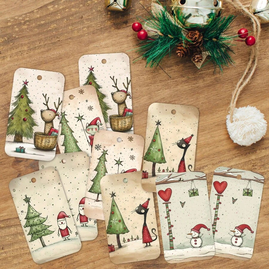 50pcs Cute Christmas Gift Tags With Jute Rope, Dreamy Holiday Patterns Featuring Santa Claus, Christmas Tree, Angel And Snowman. Holiday Paper Party Gift Labels Suitable For Christmas Gifts, Gift Wrapping And Handmade DIY. - Multicolor - View 1