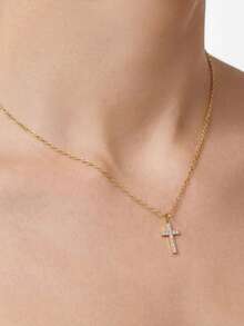 RAYQUEEN 1PC Stainless Steel Rhinestone White Cross Pendant Necklace For Women, Suitable For Daily Wear - Gold - View 3