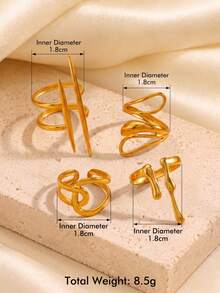 4pcs/Set Women's Gold Minimalist Geometric Open Rings, Asymmetrical Unique Design, Suitable For Daily Wear And Party - Gold - View 4