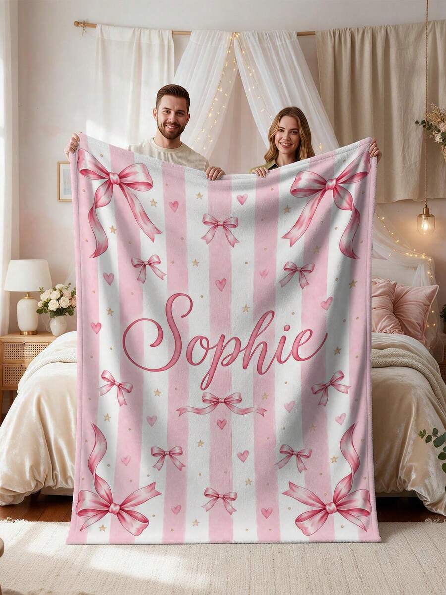 1pc Customized Soft Plush Blanket, Customizable Name, Pink Striped Heart Bow Print Design, Personalized Name Blanket, Personalized Gift For Family, Customized Commemorative Gift For Wife And Husband, Very Suitable For Home Use Warm Blanket, Customized Plush Blanket For Wife On Valentine's Day - Multicolor - View 1