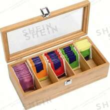 1pc Bamboo Tea Bag Storage Box With Lid - Multi-Compartment Organizer For Tea, Coffee And Office Supplies, Natural Wood Grain Design With Colorful Tea Bag Display Function, Ideal For Kitchen Or Office Organization, Perfect For Tea Storage And Back To School Season - Multicolor - View 4