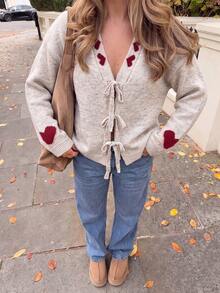 Women's Knitted Lace-Up V-Neck Cardigan, Decorated With Red Heart Pattern, Long Sleeve Design, Perfect Choice For Autumn Outfit. - Apricot - View 2