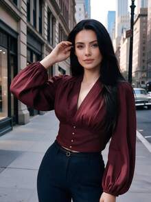 Women's Burgundy V-Neck Ruched Short Long Sleeve Blouse With Gathered Chest, Gold Button Design Puff Sleeve Short Shirt, Suitable For Autumn/Winter Daily Casual Commute, Outing And Dating - Redwood - View 8