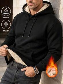 (Recommended To Choose Larger Size) Men's Solid Color Minimalist Pullover Pullover Sweatshirt, Autumn/Winter Thermal Lined Warm Pullover Sweatshirt, Warm Long Sleeve, Men's Winter Wear - Black - View 2