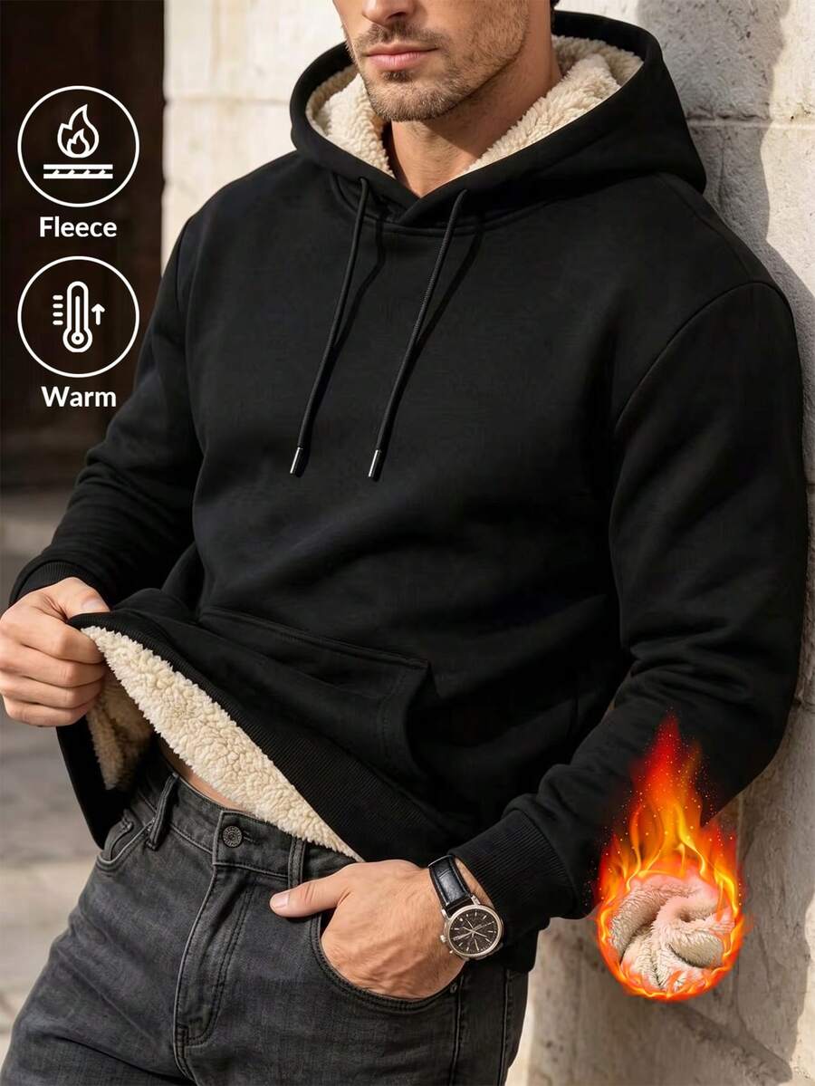 (Recommended To Choose Larger Size) Men's Solid Color Minimalist Pullover Pullover Sweatshirt, Autumn/Winter Thermal Lined Warm Pullover Sweatshirt, Warm Long Sleeve, Men's Winter Wear