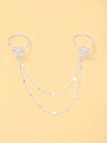 1 pieza Anillo de cadena doble para dedos con strass floral exquisito, anillo de cadena de lentejuelas de múltiples hilos conectado, accesorio decorativo diario - diamantes de imitación - Ver 13
