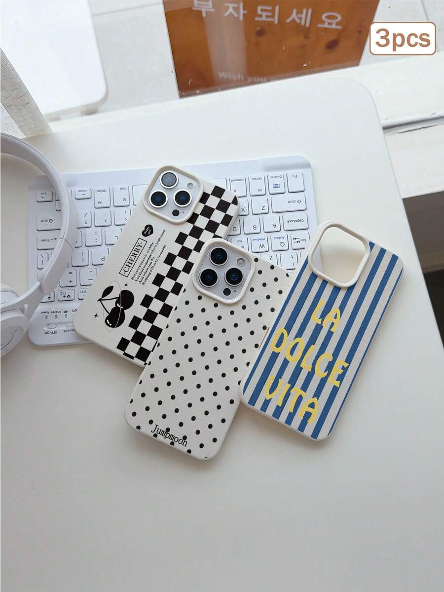 3件裝波點印花皮革紋理 TPU 防震全包覆保護手機殼，適用於 Apple 11/12/13/14/15/16/17 Pro Max - 彩色 - 查看 1