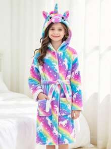 Tween Girls' Rainbow Starry Sky Unicorn Print Hooded Bathrobe - Multicolor - View 11