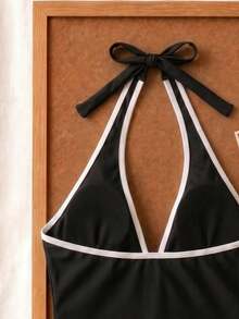 New Summer Sweet Cute Black & White Halter Neck Two-Piece Bikini Set, Beach Vacation Casual Style - Black and White - View 6