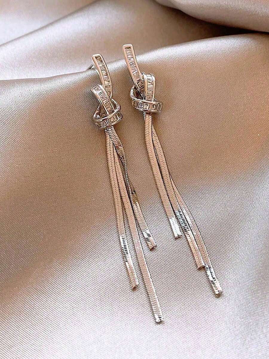 1對新款優雅百搭長流蘇耳環,小眾設計時尚玻璃水晶吊墜耳環 - 銀色流蘇 - 查看 1