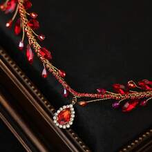 1pc Ruby Red Crystal & Rhinestone Pendant Headband Gold Wire Princess Tiara Crown Bridal Wedding Party Hair Accessories - Red - View 6