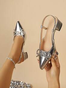French Luxury Rhinestone Closed Toe Sandals For Women, Single Strap Back Strap Chunky Heel Pointed Toe Pumps, Elegant Bridal Evening High Heels - Silver - View 3