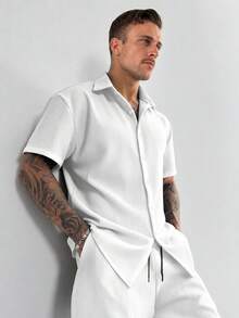 GloMan Men's White Knit Texture 2 Pieces Set, Button Short Sleeve Shirt, Drawstring Waist Shorts, Summer Casual Comfortable Outfit, Daily, Outing, Husband - White - View 1