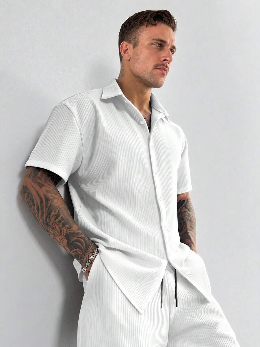 GloMan Men's White Knit Texture 2 Pieces Set, Button Short Sleeve Shirt, Drawstring Waist Shorts, Summer Casual Comfortable Outfit, Daily, Outing, Husband - White - View 1