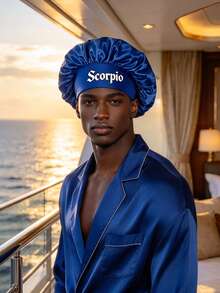 Men 12 Zodiac Signs Satin Hair Bonnet, Horoscope Letter Print Sleep Cap, Wide Elastic Band Silky Night Cap, Soft Satin Headwear For Hair Protection - Blue - View 5